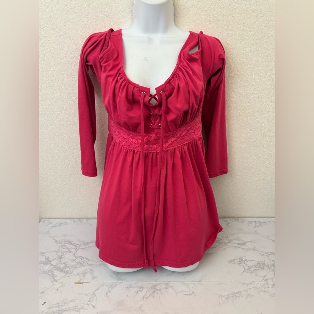 Mooncolour Women's Top L Long Sleeve Peasant Low Cut Elastic Waist Tie Blouse​